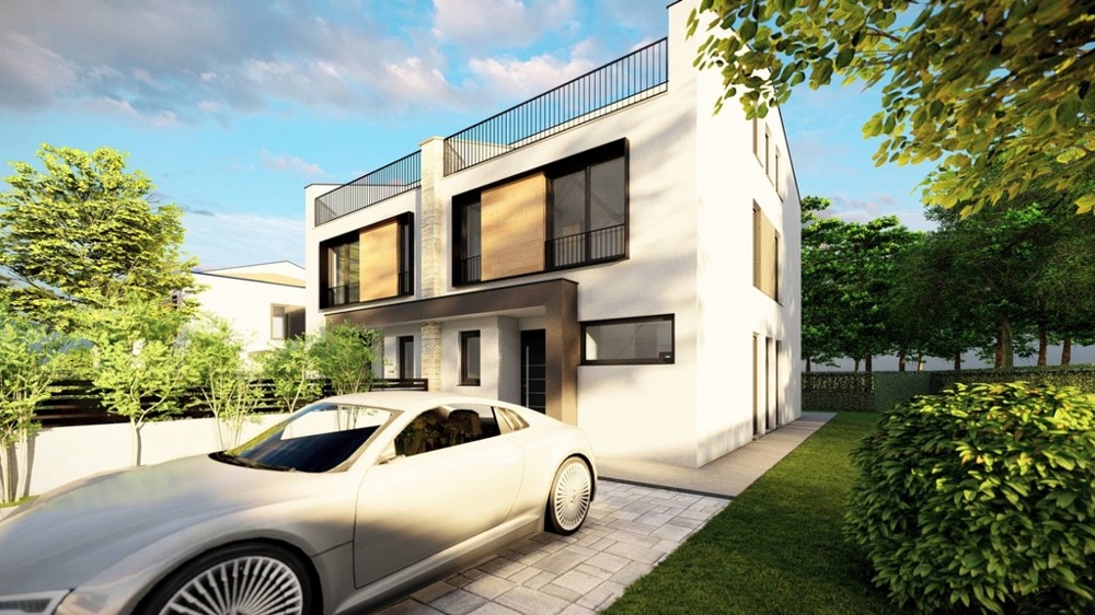Vue latérale de la maison jumelée moderne avec voiture et jardin verdoyant