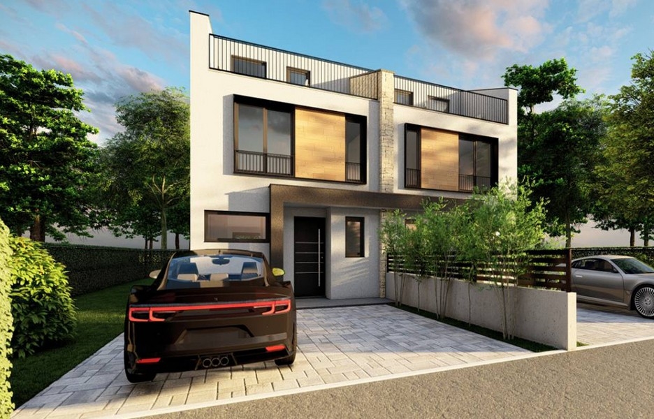 Façade de la maison jumelée moderne avec véhicules devant, proposée par l'agence immobilière Panorama Scouting