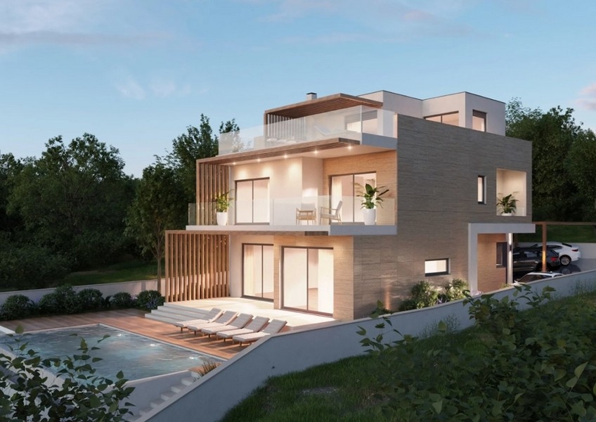 Vue aérienne d'un bien moderne en Croatie, villa avec vue mer de nuit