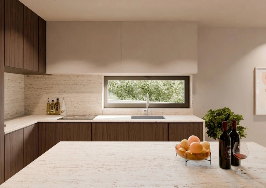Cuisine moderne avec fenêtre et façades en bois