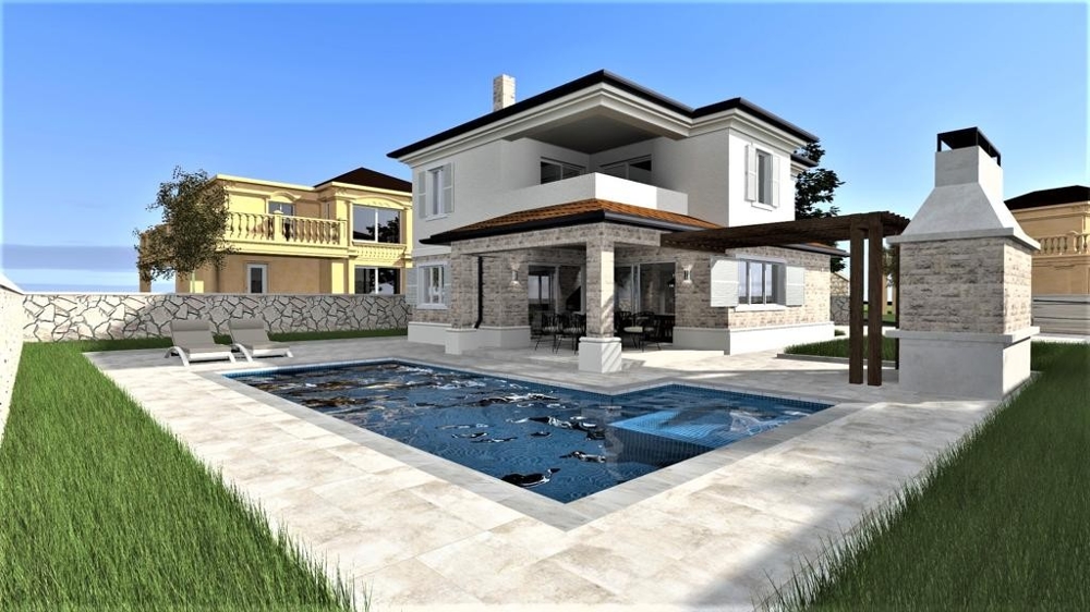 Vue extérieure d'une villa moderne à Vrbnik sur l'île de Krk avec piscine et jardin, biens immobiliers Croatie, Vrbnik, villa à vendre île de Krk
