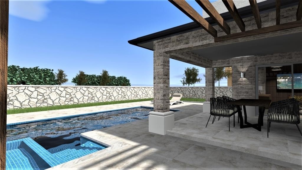 Terrasse couverte avec coin repas et vue sur la piscine d'une villa à Vrbnik, île de Krk, biens immobiliers Croatie, Vrbnik, villa à vendre île de Krk