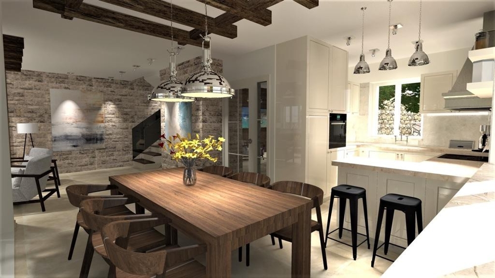 Salle à manger à l'intérieur d'une villa moderne à Vrbnik, île de Krk, à l'aménagement élégant, biens immobiliers Croatie, Vrbnik, villa à vendre île de Krk