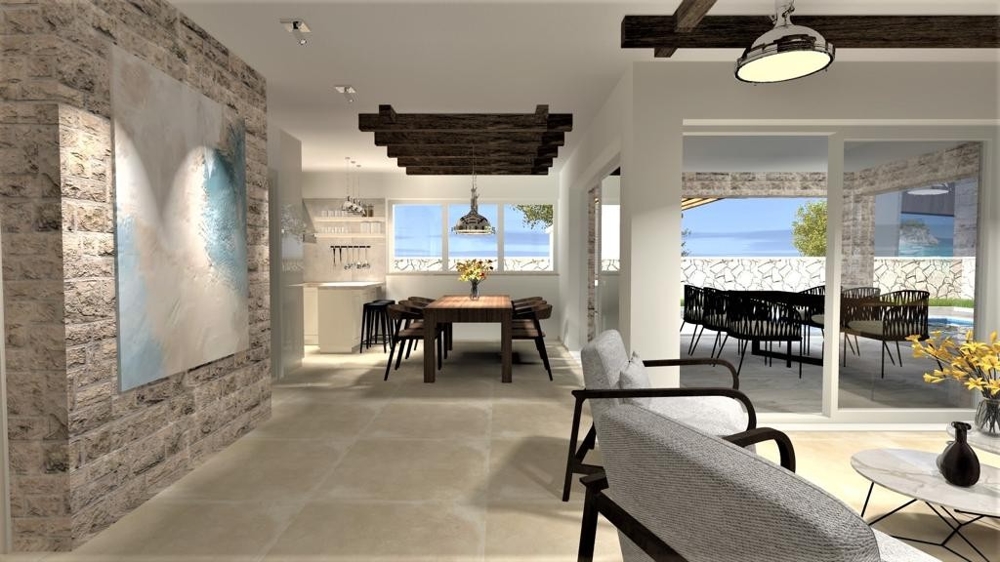 Séjour ouvert avec salle à manger et salon dans une villa à Vrbnik sur l'île de Krk, biens immobiliers Croatie, Vrbnik, villa à vendre île de Krk