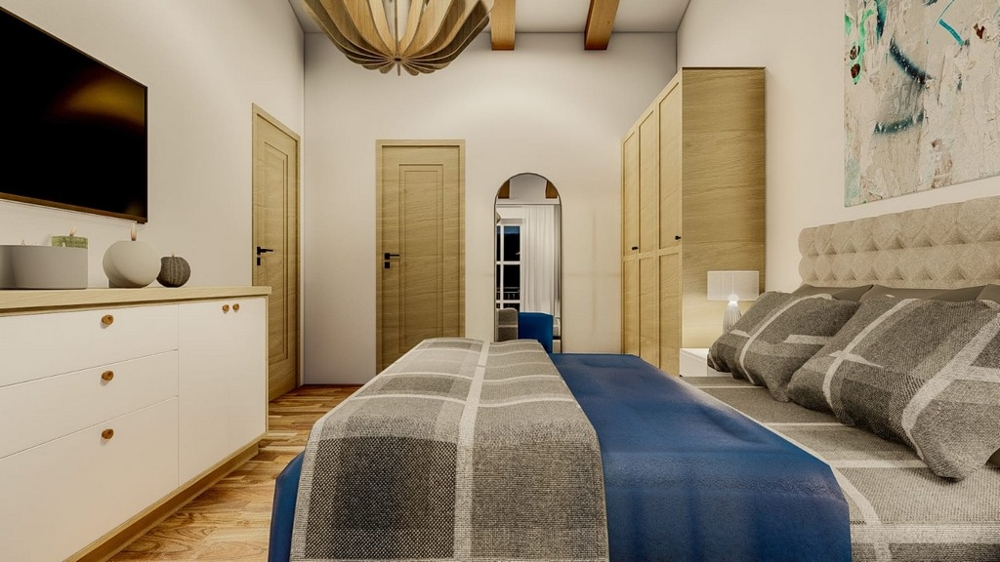 Villa méditerranéenne avec vue mer, île de Krk, chambre avec télévision et portes en bois
