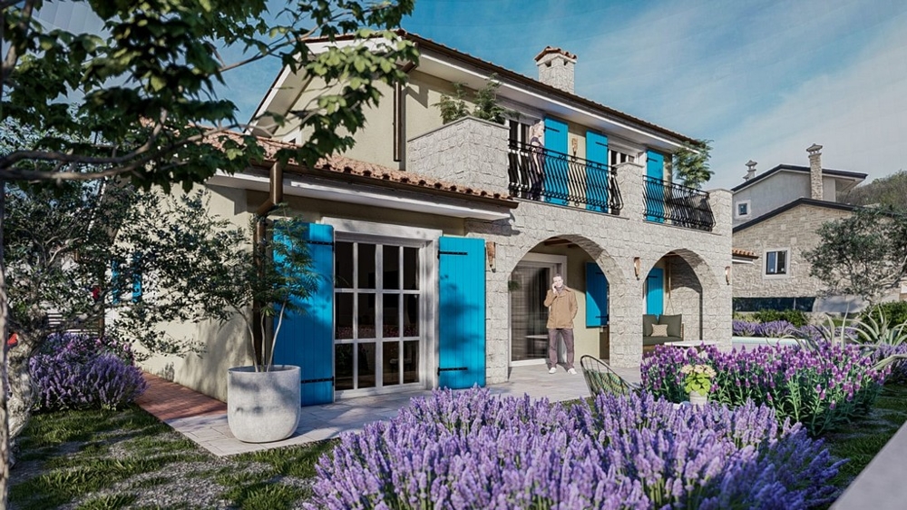 Entrée d'une charmante villa méditerranéenne avec portes bleues sur l'île de Krk
