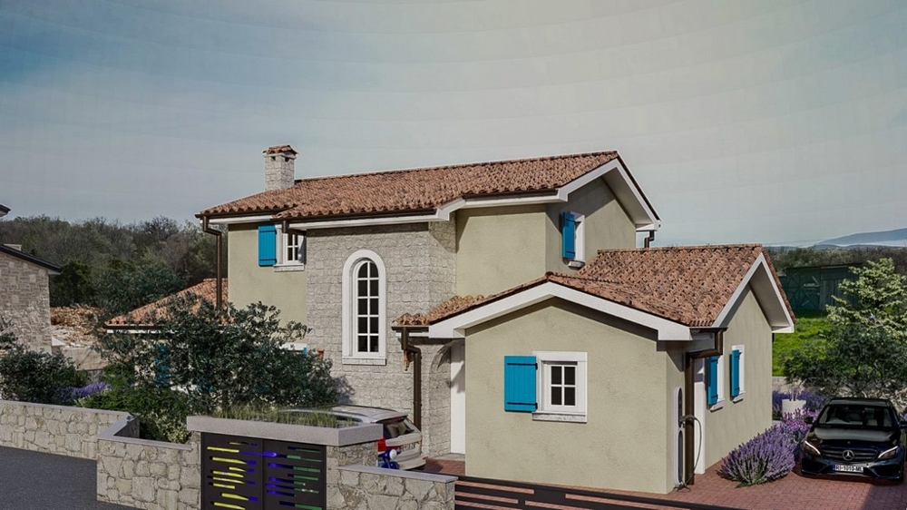 Vue extérieure d'une villa méditerranéenne de luxe avec mur en pierre sur l'île de Krk
