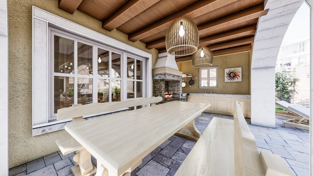 Terrasse extérieure couverte avec table à manger dans une villa méditerranéenne sur l'île de Krk