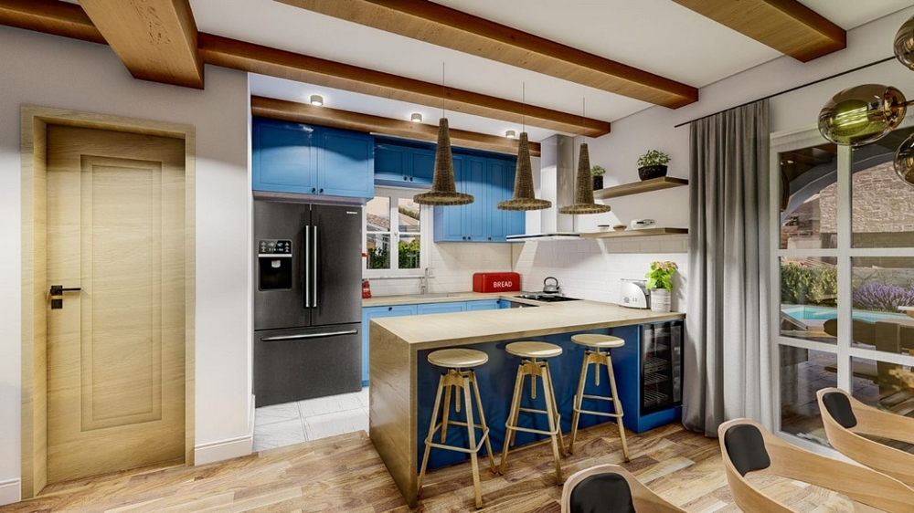 Cuisine moderne dans une villa méditerranéenne avec vue mer sur l'île de Krk