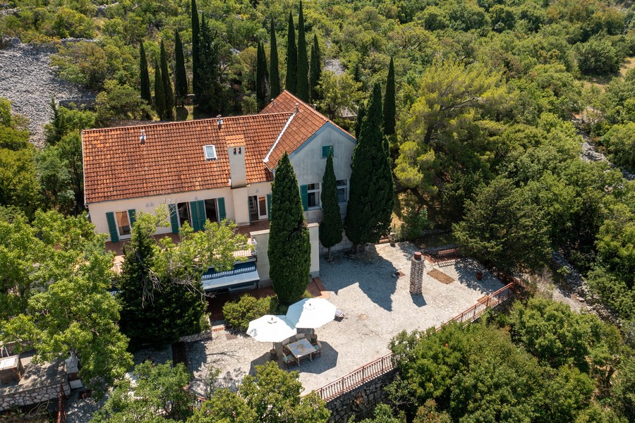 Vue aérienne de la maison à toit de tuiles entre les cyprès