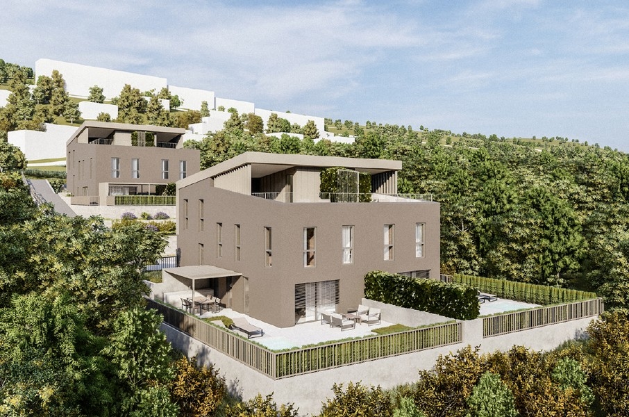 Visualisation des maisons avec haies et piscines à flanc de colline