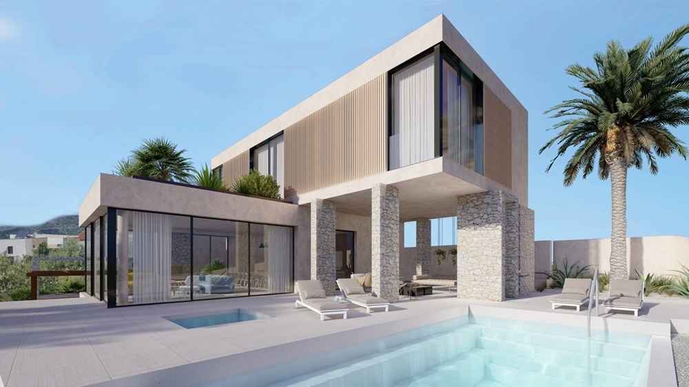 Visualisation de la villa avec palmiers et piscine sur supports en pierre