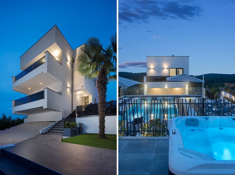 Villa de luxe avec éclairage extérieur la nuit. Panorama Scouting bien H3361.