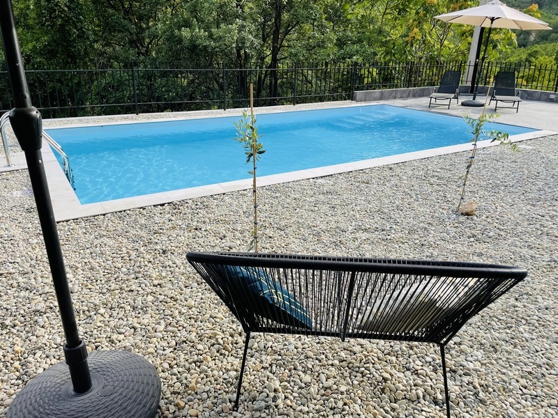 Piscine dans le jardin, entourée de galets, avec vue sur la forêt