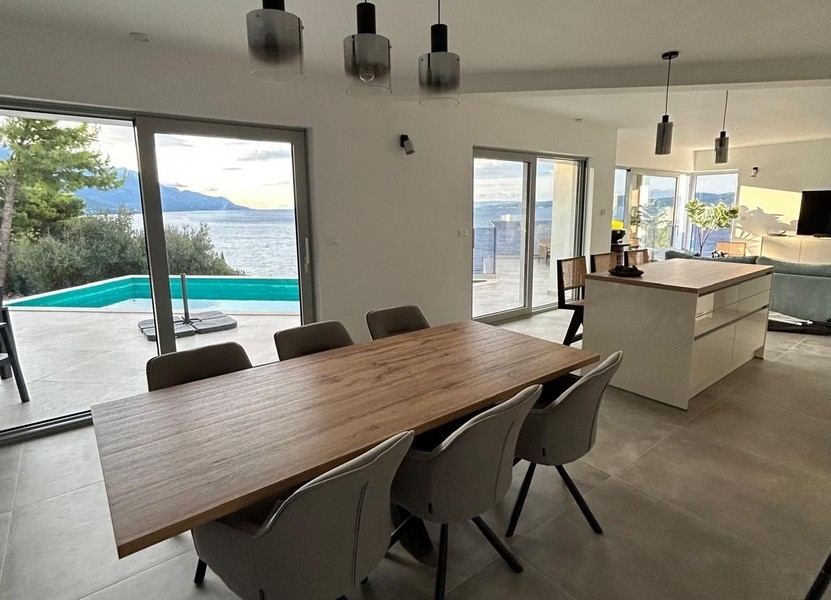 Coin repas et vue sur la piscine.