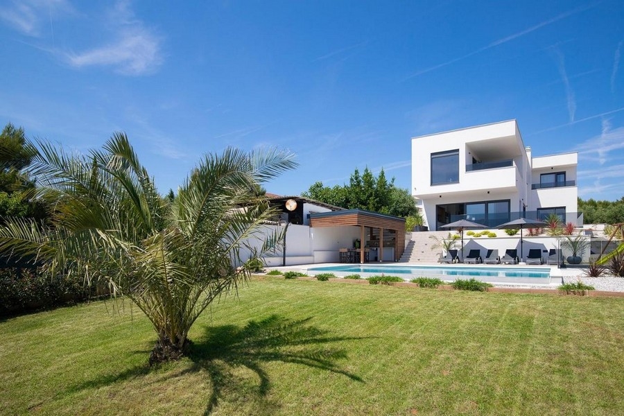 Villa avec piscine et palmier sur la vaste pelouse