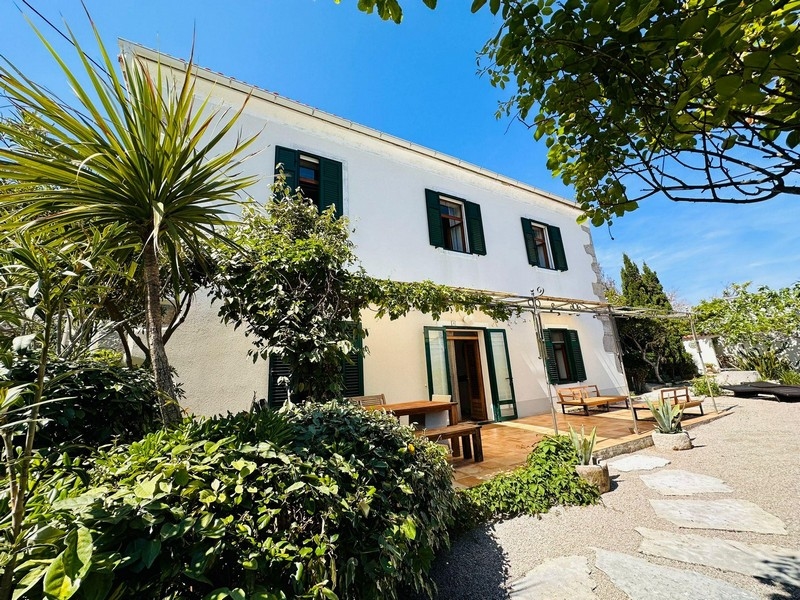 Maison blanche en pierre avec volets verts dans le jardin