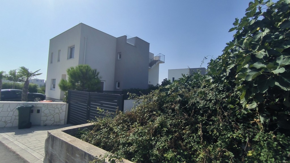Vue extérieure de la maison moderne avec haie verte et palmiers.