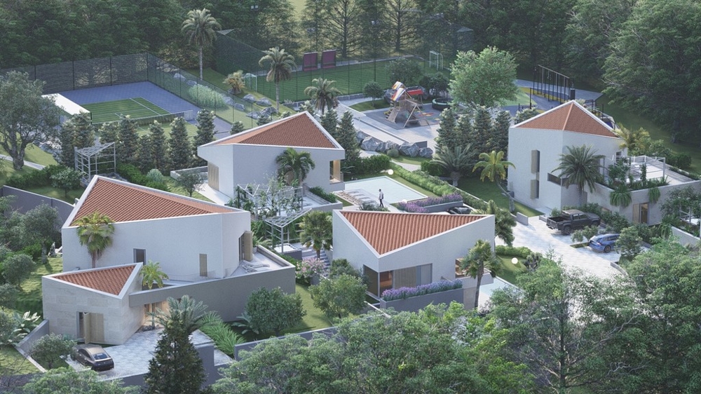 Visualisation de plusieurs villas avec court de tennis vues d'en haut