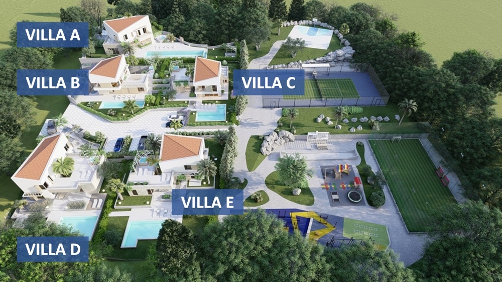 Vue d'ensemble des 5 villas à vendre.