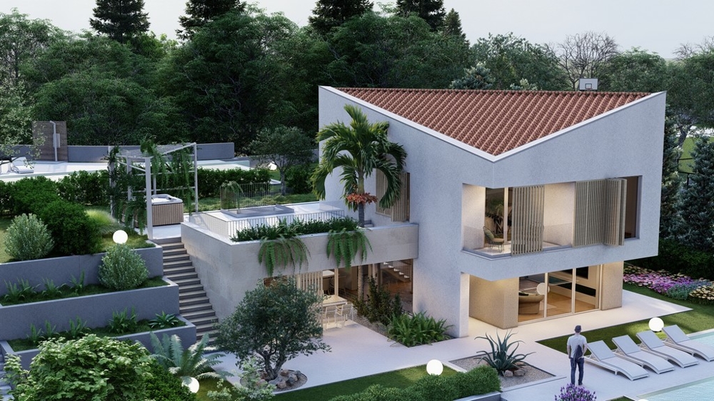 Visualisation de la villa avec toit de tuiles et toit-terrasse végétalisé