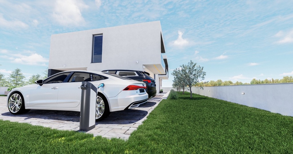 Borne de recharge électrique pour les places de parking de la villa H3489.