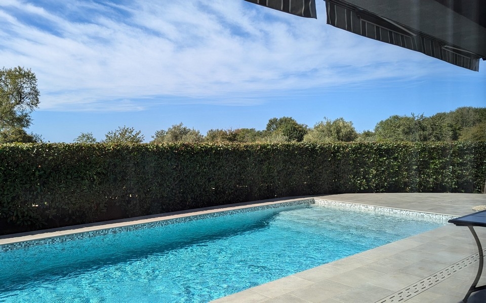 Piscine derrière une haute haie sous un ciel bleu