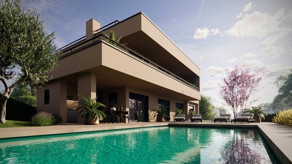 Visualisation de la maison en brun avec piscine et olivier
