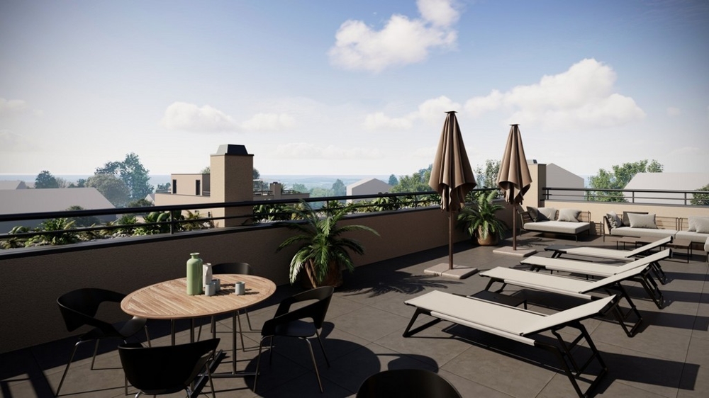 Visualisation du toit-terrasse avec bains de soleil et parasols, villa H3516