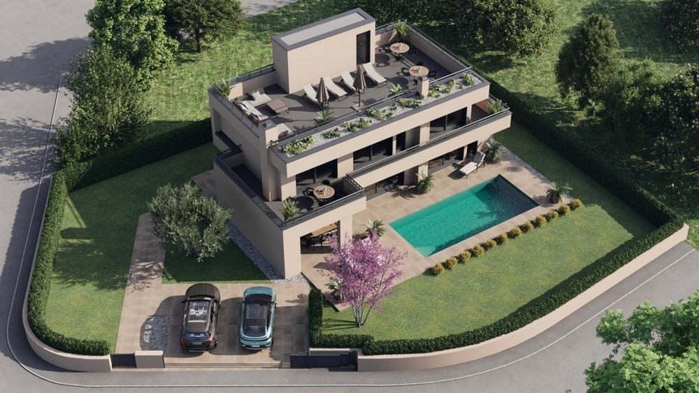 Visualisation : vue aérienne de la villa moderne avec piscine et jardin à Porec, Istrie