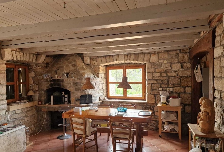 Séjour rustique avec cheminée et mur en pierre