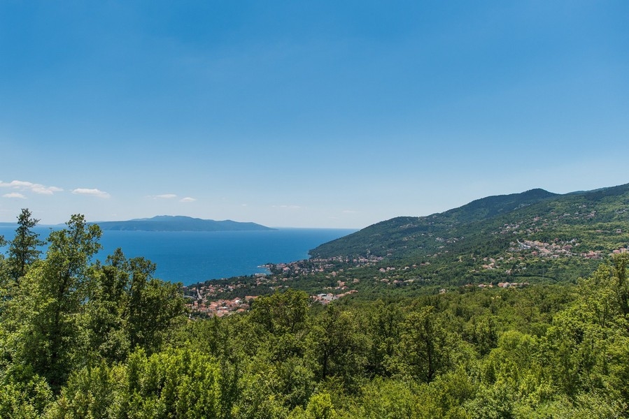 Vue par-dessus la forêt et le village côtier sur la mer et l'île