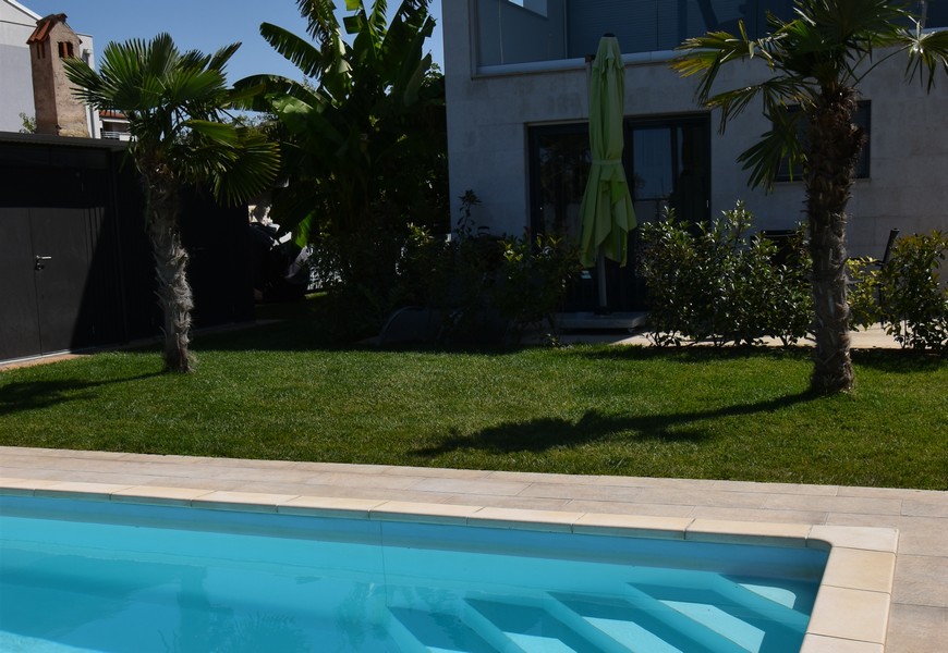 Espace piscine avec palmiers et pelouse