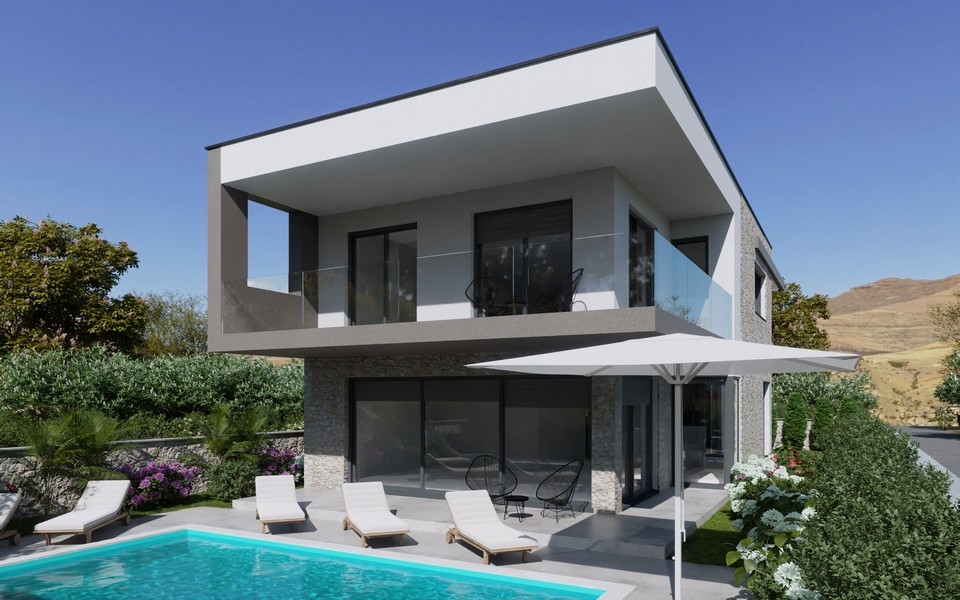 Visualisation de la villa avec transats et parasol au bord de la piscine