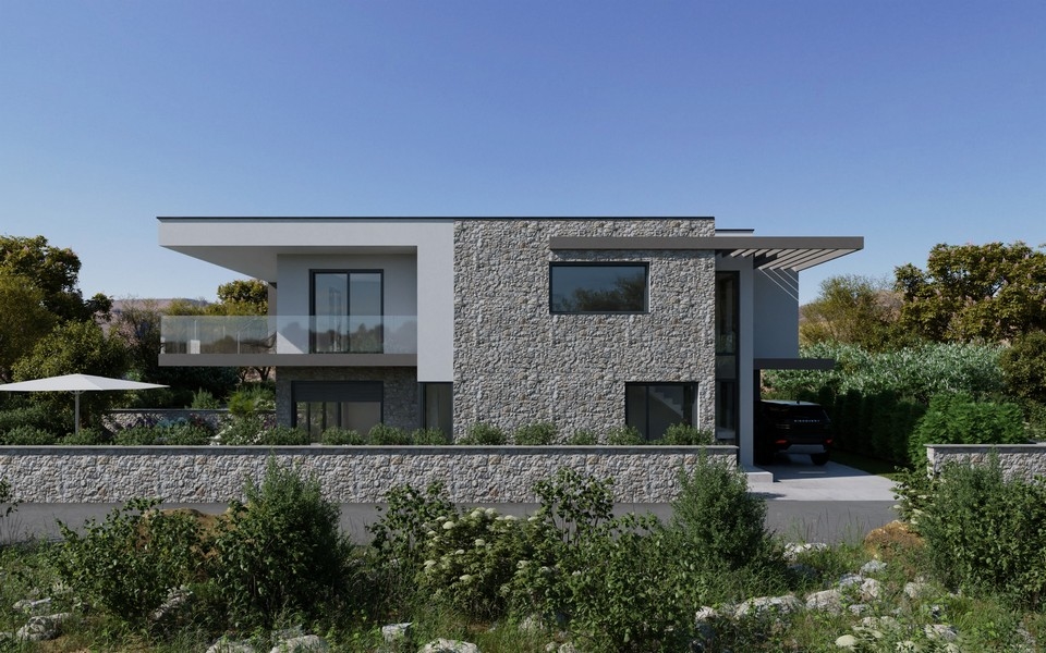 Vue latérale de la villa H3610, à vendre à Murter en Croatie.