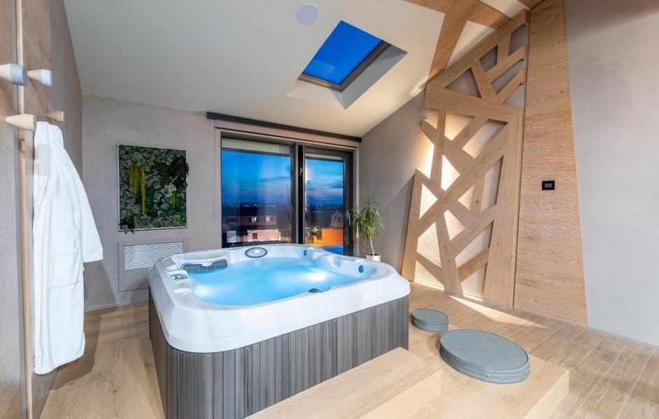 Espace bien-être avec jacuzzi et fenêtre de toit