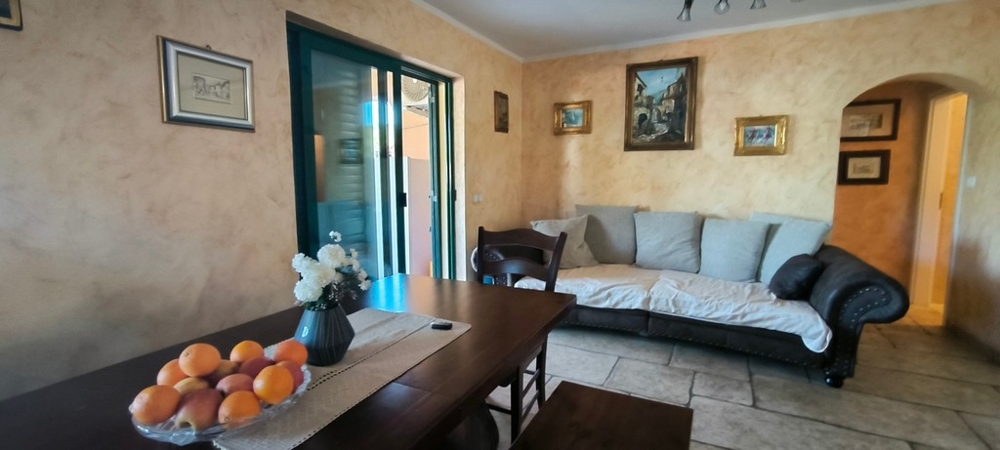 Séjour avec canapé, table et accès à la terrasse