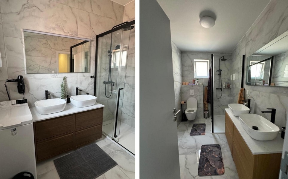 Salle de bains moderne avec douche et double vasque