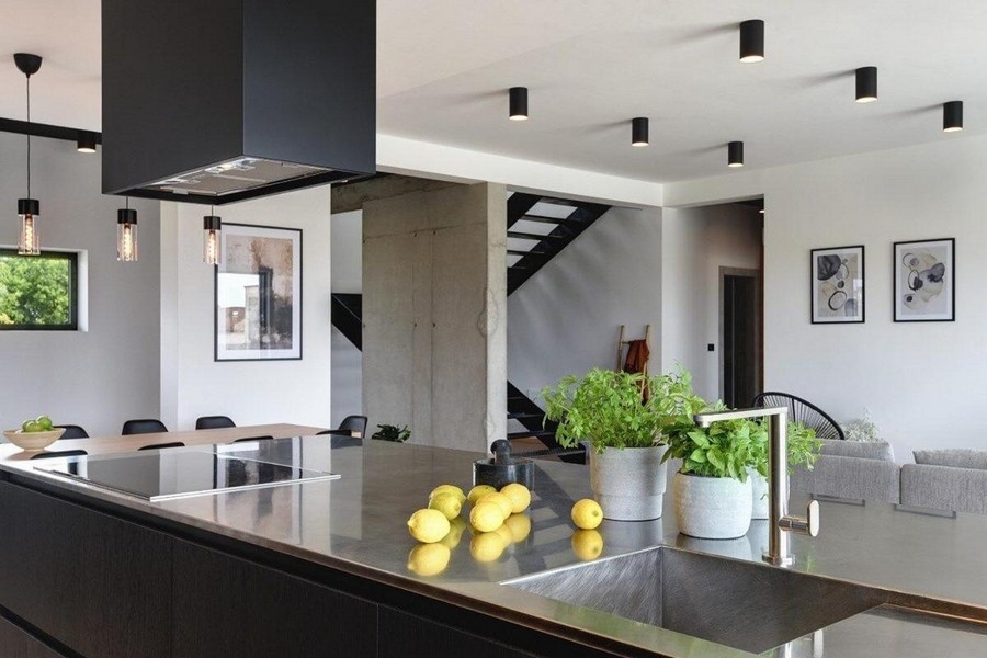 Cuisine moderne avec îlot de cuisson et surface en inox