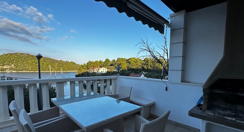 Terrasse avec vue mer, table à manger et grill