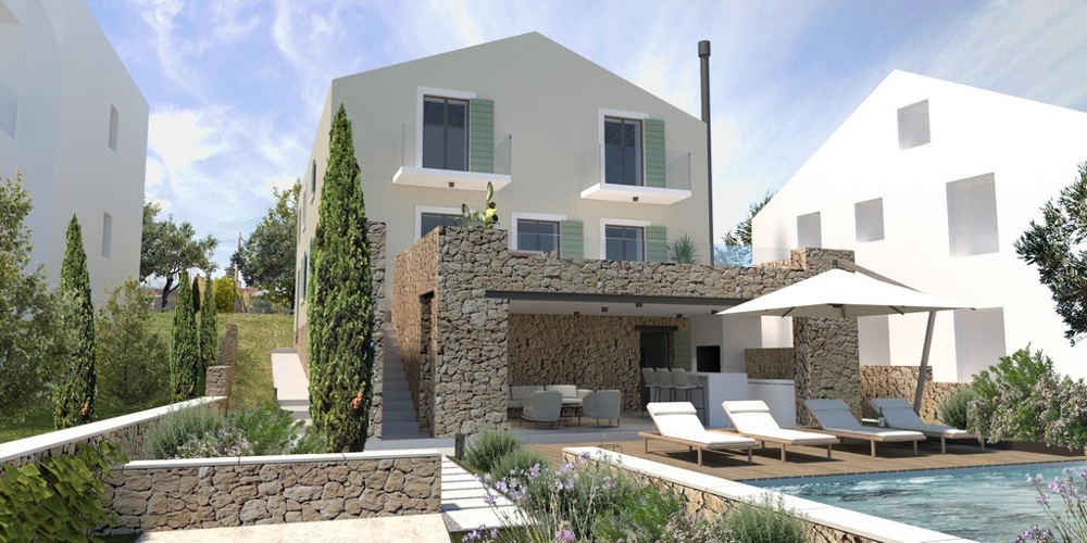 Visualisation de la maison avec murs en pierres sèches et cyprès