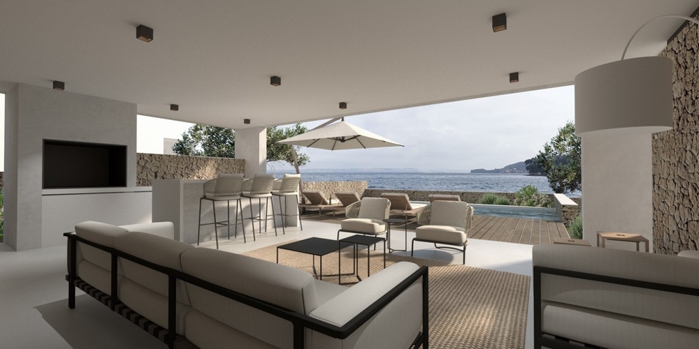 Visualisation du séjour avec façade ouverte sur la mer