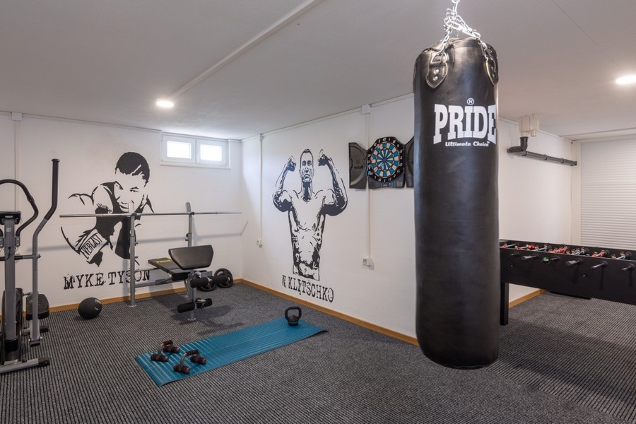 Salle de fitness et de loisirs avec sac de frappe et appareils d'entraînement