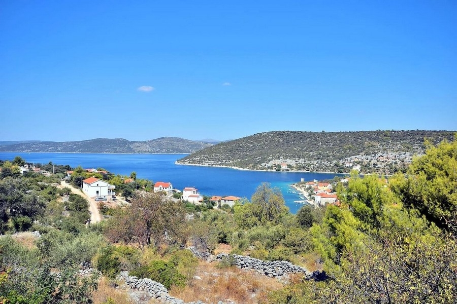 Vue sur la baie tranquille à travers les oliviers et les maisons