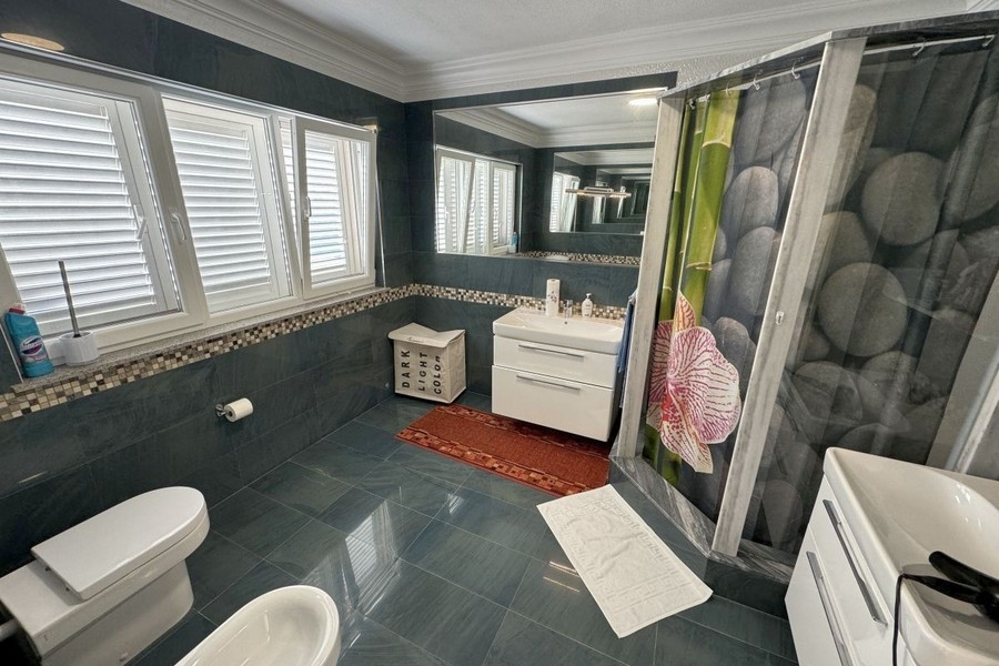 Salle de bains avec douche et fenêtre
