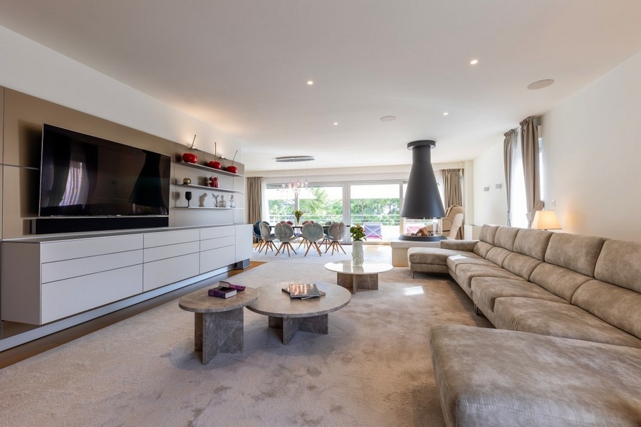Vaste séjour à la décoration moderne avec cheminée