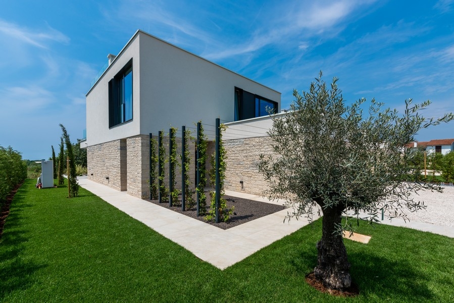 Vue latérale de la villa avec jardin et olivier
