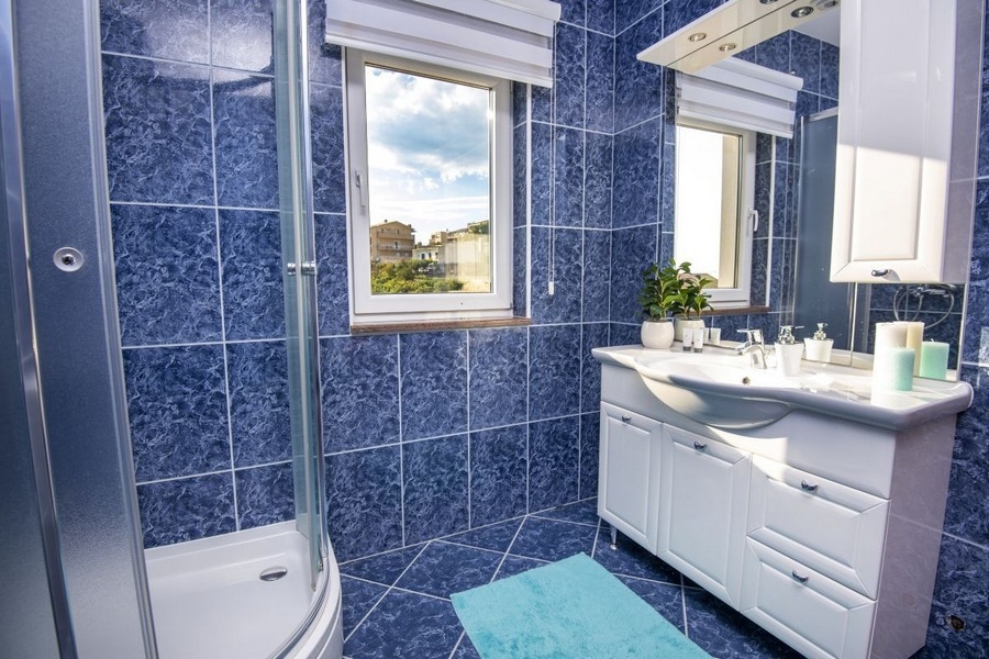 Salle de bains avec douche et fenêtre