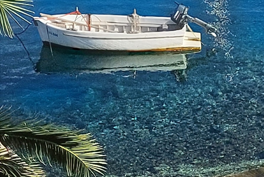 Eau claire avec bateau près de la côte