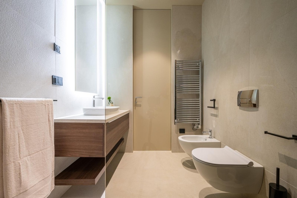 Salle de bains à l'équipement moderne avec douche à l'italienne